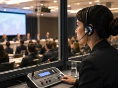Panduan Memilih Penerjemah Lisan yang Tepat untuk Acara Profesional Interpreter profesional membantu komunikasi antara pembicara bahasa Inggris dan peserta dalam acara internasional