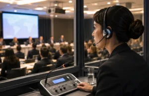 Panduan Memilih Penerjemah Lisan yang Tepat untuk Acara Profesional Interpreter profesional membantu komunikasi antara pembicara bahasa Inggris dan peserta dalam acara internasional