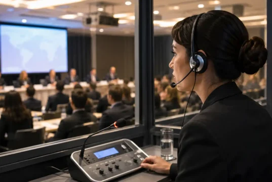 Interpreter profesional membantu komunikasi antara pembicara bahasa Inggris dan peserta dalam acara internasional