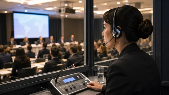 jasa-interpreter-bahasa-inggris Interpreter profesional membantu komunikasi antara pembicara bahasa Inggris dan peserta dalam acara internasional